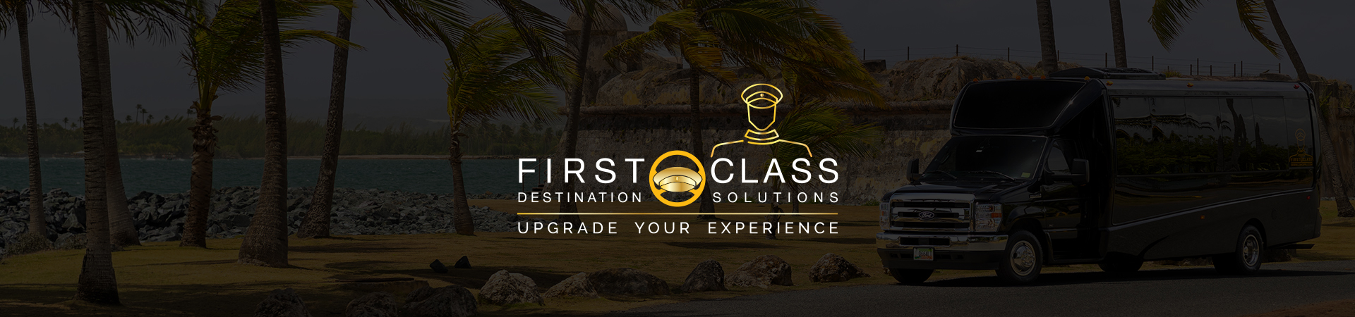First Class Destination Solutions 20 passenger bus at Isla de Cabras in San Juan Puerto Rico.